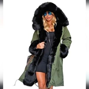 Roiii Women Green Winter Coat HoodDown Parka Faux Fur Outdoor Overcoat Sz XXL